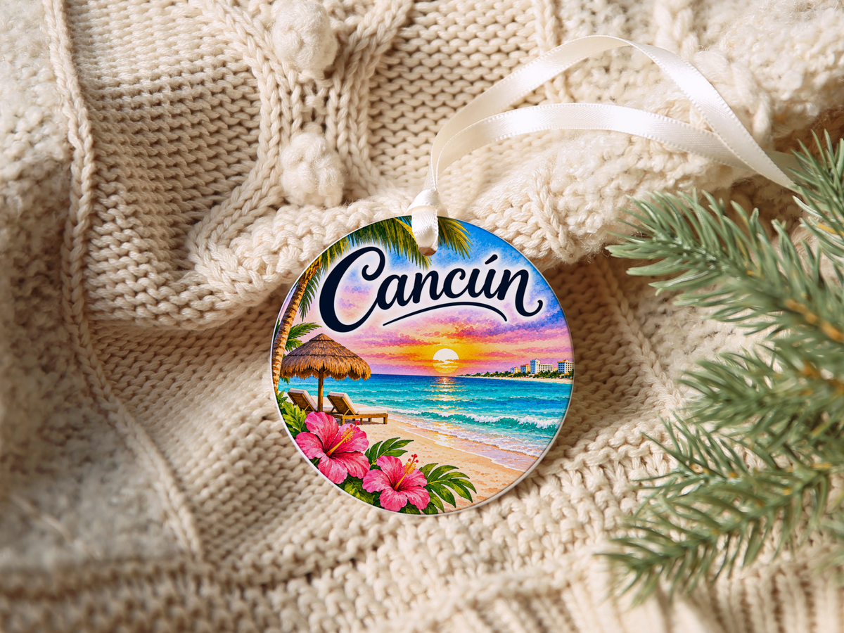 Cancun Honeymoon Ornament, Tropical Beach Wedding Keepsake, Newlywed Christmas Decor, Mexico Travel Gift for Couples