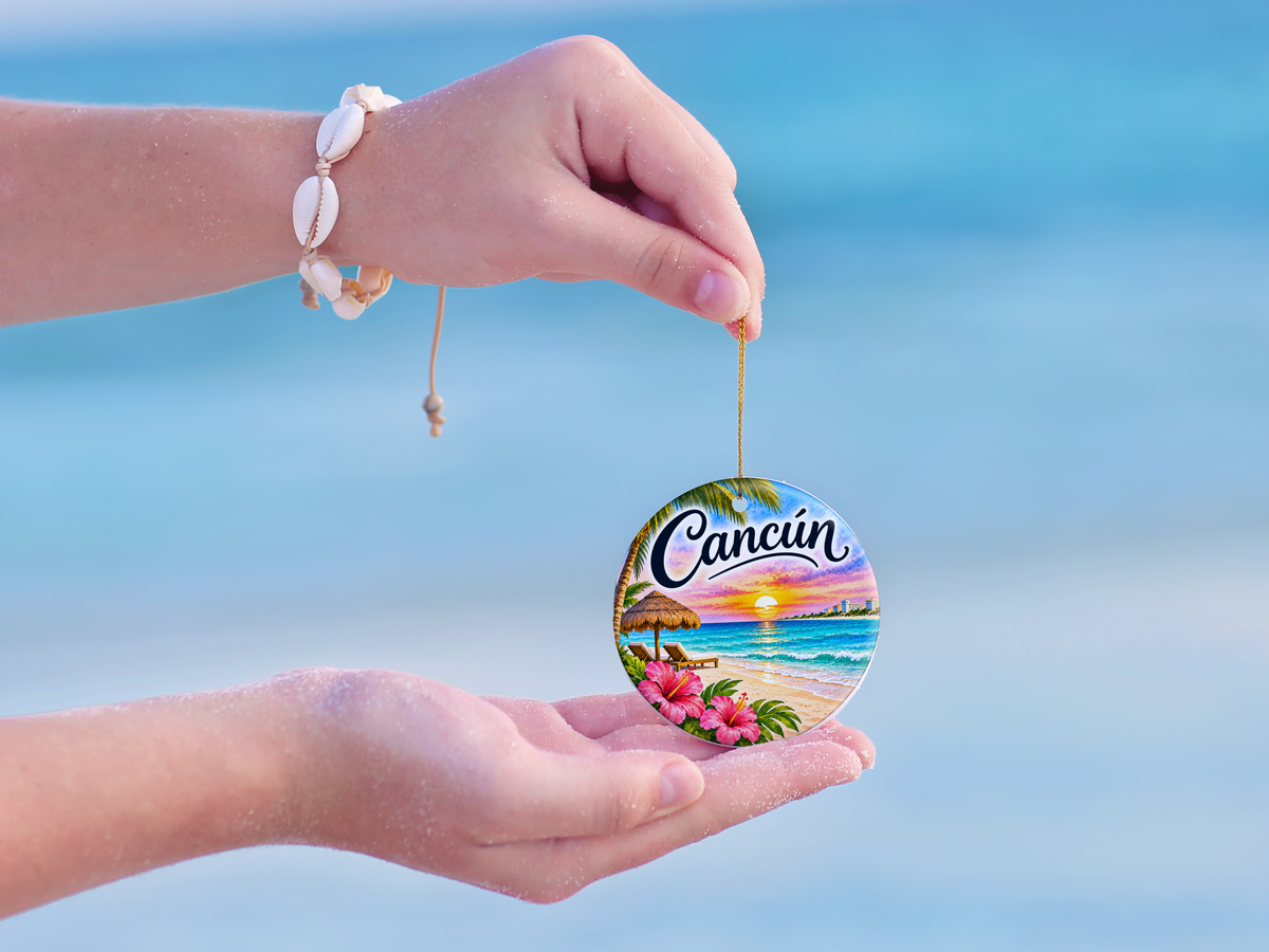 Cancun Honeymoon Ornament, Tropical Beach Wedding Keepsake, Newlywed Christmas Decor, Mexico Travel Gift for Couples