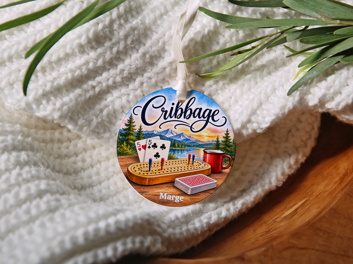 Personallized Cribbage Game Lodge Ornament, Personalized Cribbage Decor, Card Game Gift,  3 Inch Ceramic Keepsake