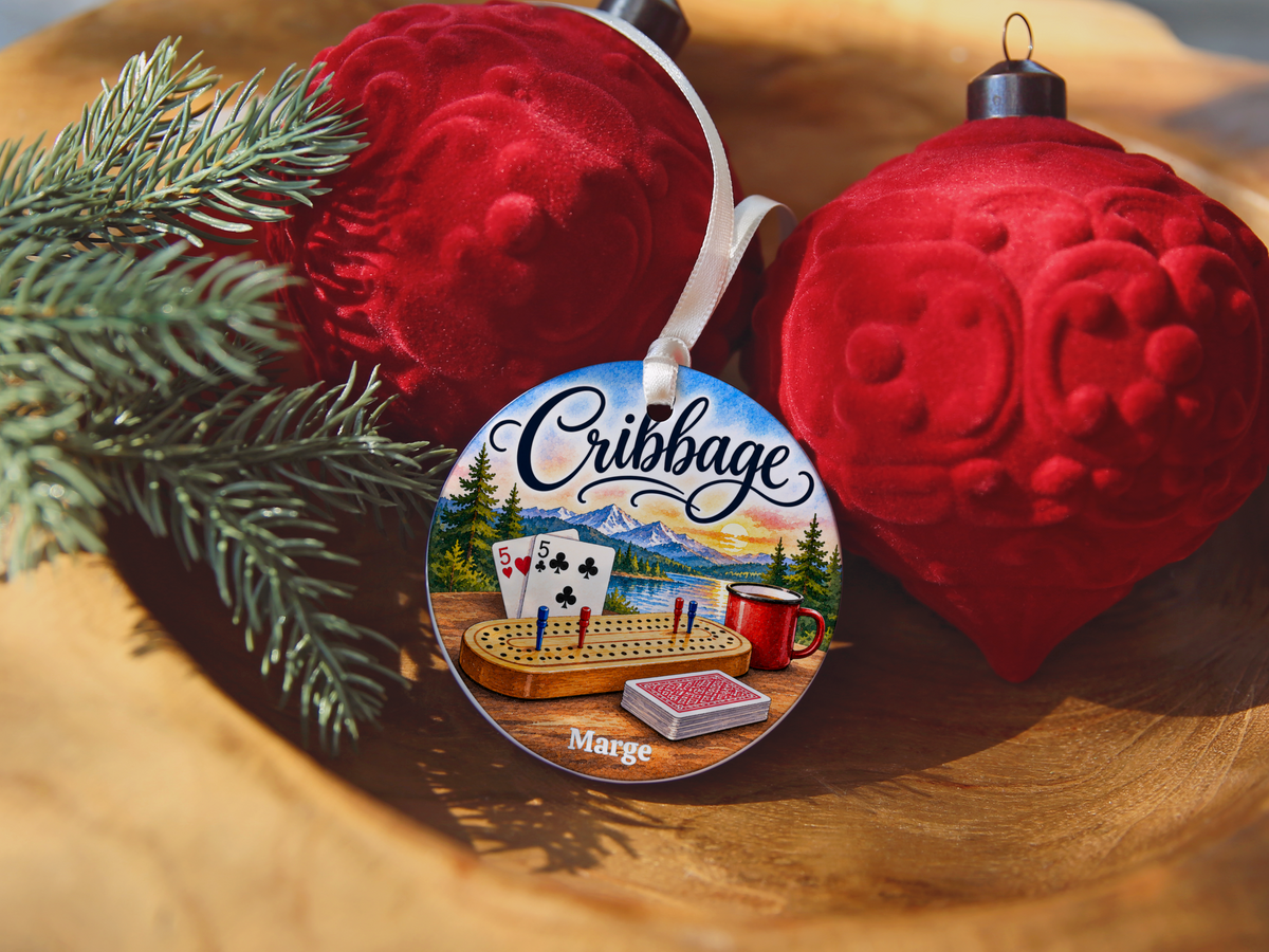 Personallized Cribbage Game Lodge Ornament, Personalized Cribbage Decor, Card Game Gift,  3 Inch Ceramic Keepsake