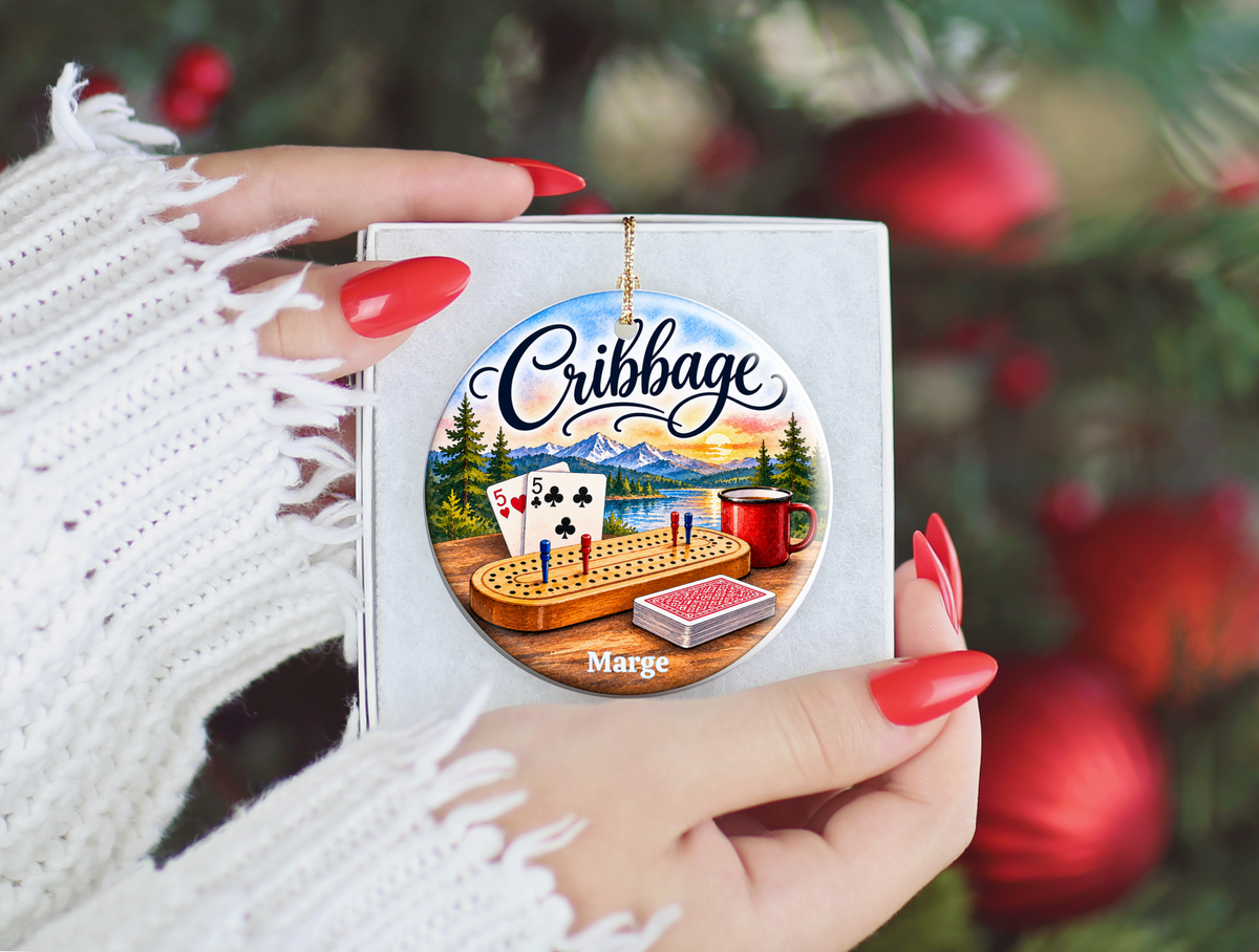 Personallized Cribbage Game Lodge Ornament, Personalized Cribbage Decor, Card Game Gift,  3 Inch Ceramic Keepsake