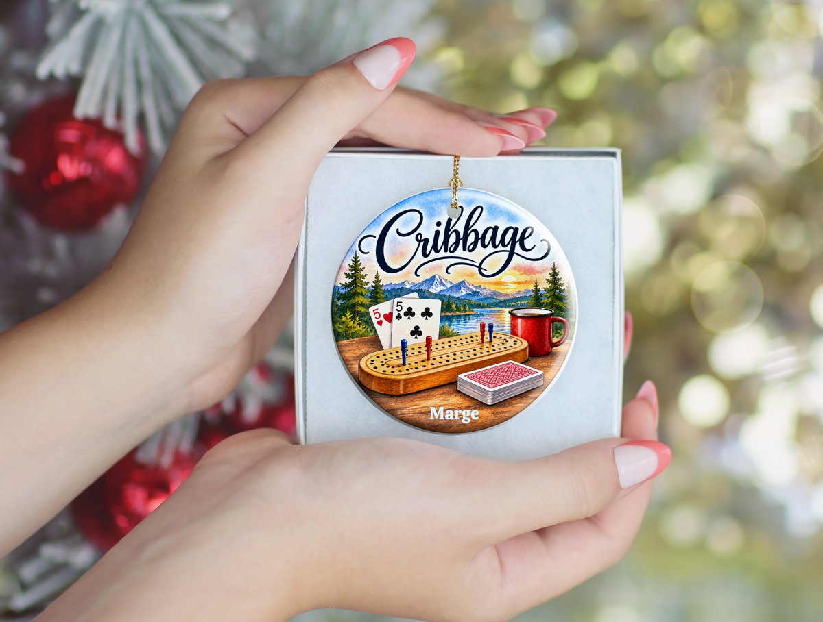Personallized Cribbage Game Lodge Ornament, Personalized Cribbage Decor, Card Game Gift,  3 Inch Ceramic Keepsake