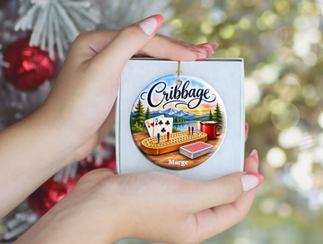 Personallized Cribbage Game Lodge Ornament, Personalized Cribbage Decor, Card Game Gift,  3 Inch Ceramic Keepsake
