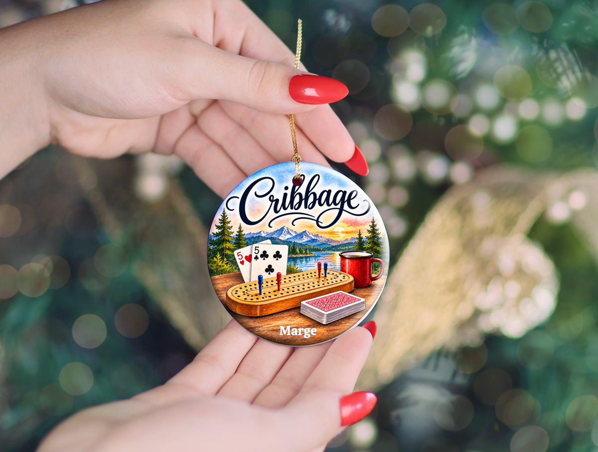 Personallized Cribbage Game Lodge Ornament, Personalized Cribbage Decor, Card Game Gift,  3 Inch Ceramic Keepsake