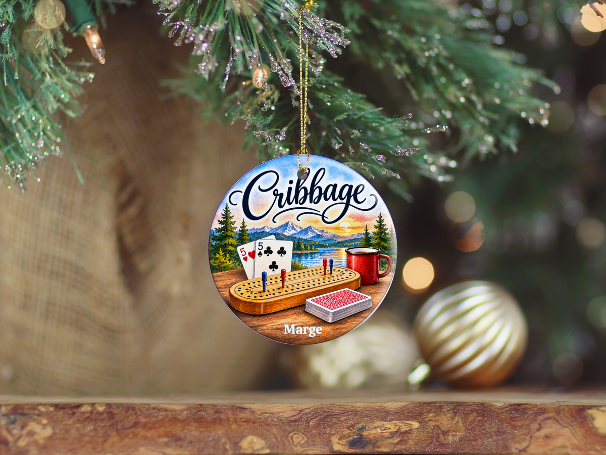 Personallized Cribbage Game Lodge Ornament, Personalized Cribbage Decor, Card Game Gift,  3 Inch Ceramic Keepsake