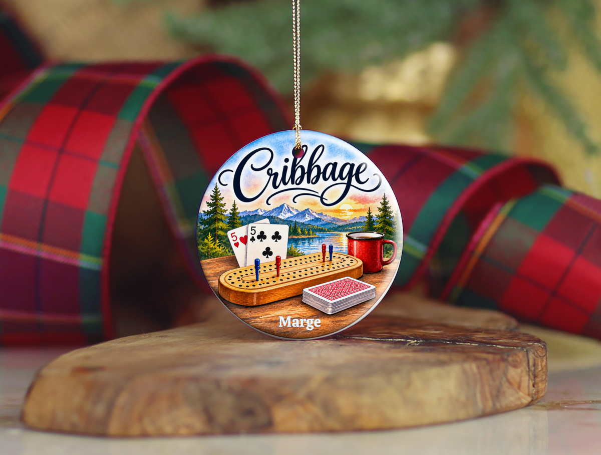 Personallized Cribbage Game Lodge Ornament, Personalized Cribbage Decor, Card Game Gift,  3 Inch Ceramic Keepsake