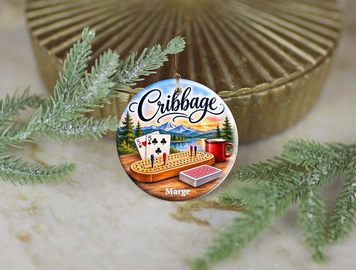 Personallized Cribbage Game Lodge Ornament, Personalized Cribbage Decor, Card Game Gift,  3 Inch Ceramic Keepsake
