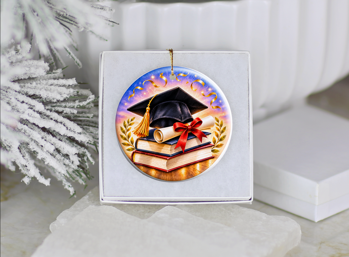 Graduation Ornament, Graduate Ceramic Keepsake, Graduation Cap Diploma Books