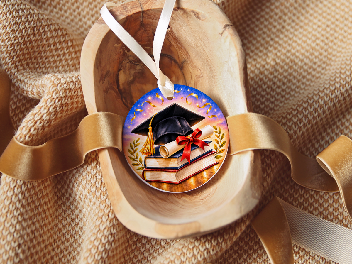 Graduation Ornament, Graduate Ceramic Keepsake, Graduation Cap Diploma Books