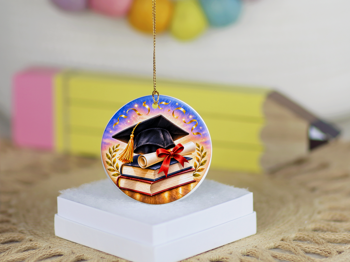 Graduation Ornament, Graduate Ceramic Keepsake, Graduation Cap Diploma Books