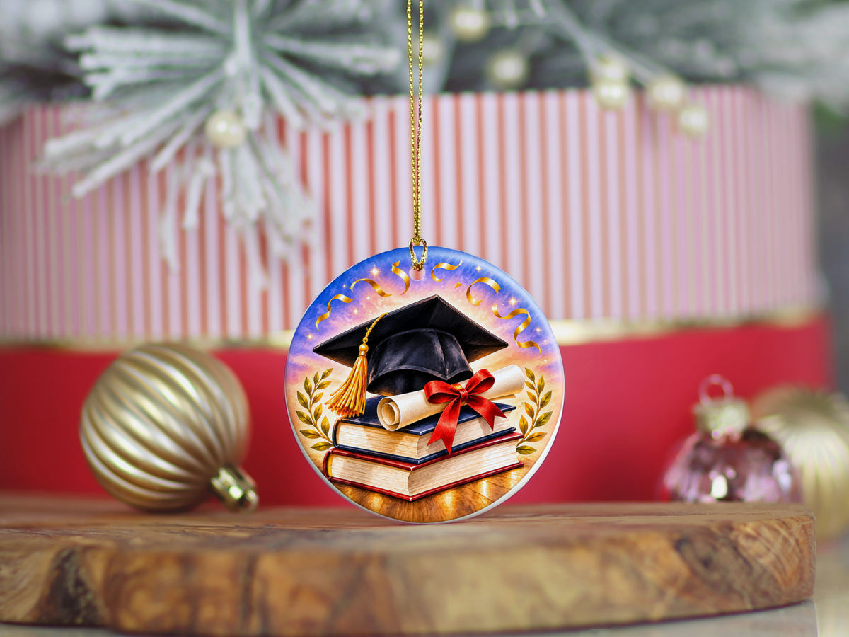 Graduation Ornament, Graduate Ceramic Keepsake, Graduation Cap Diploma Books