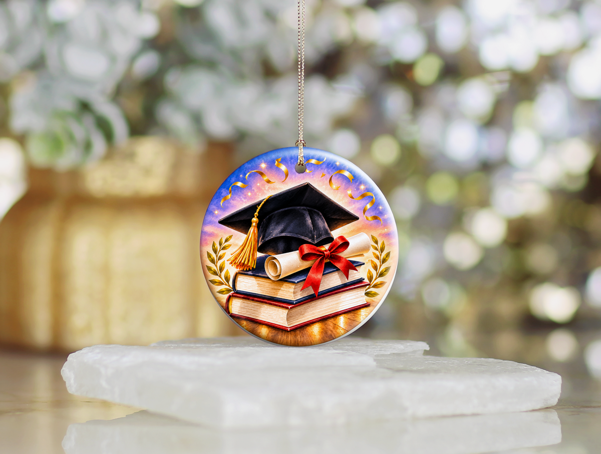 Graduation Ornament, Graduate Ceramic Keepsake, Graduation Cap Diploma Books