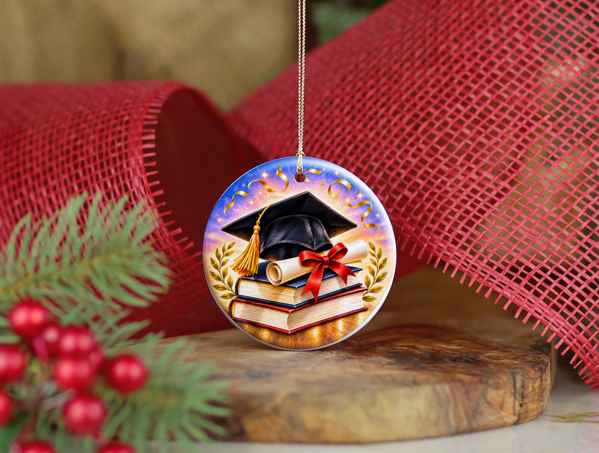 Graduation Ornament, Graduate Ceramic Keepsake, Graduation Cap Diploma Books