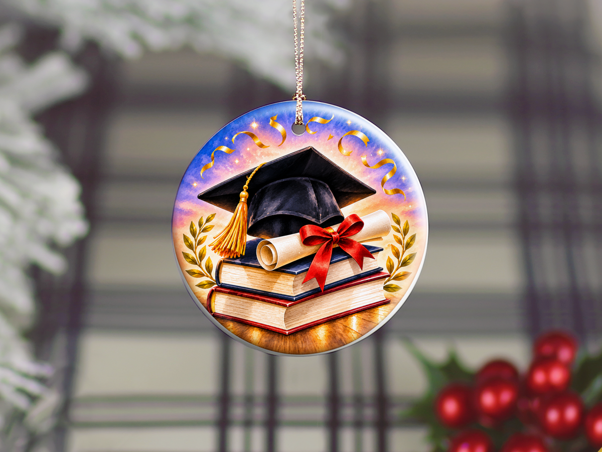 Graduation Ornament, Graduate Ceramic Keepsake, Graduation Cap Diploma Books