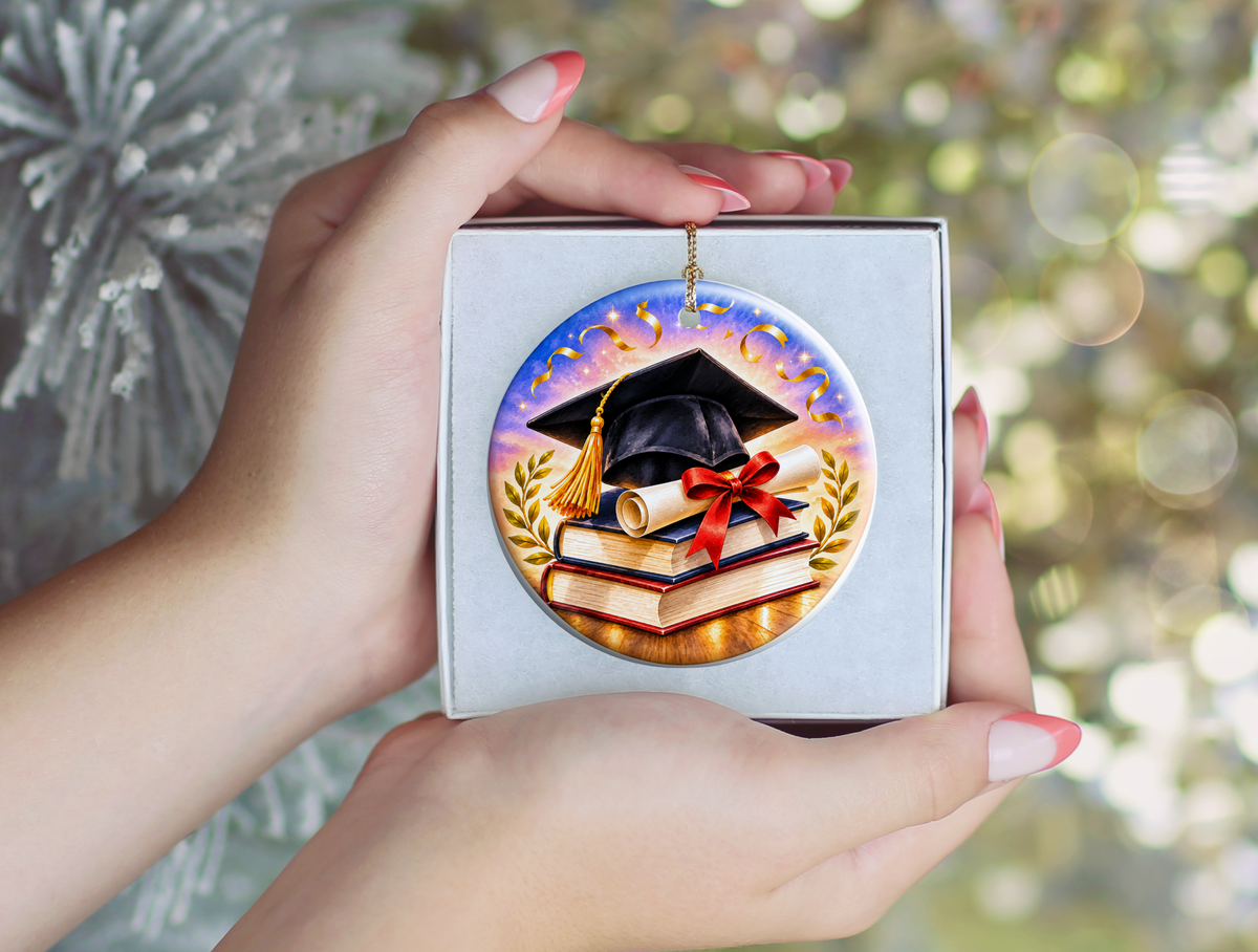 Graduation Ornament, Graduate Ceramic Keepsake, Graduation Cap Diploma Books