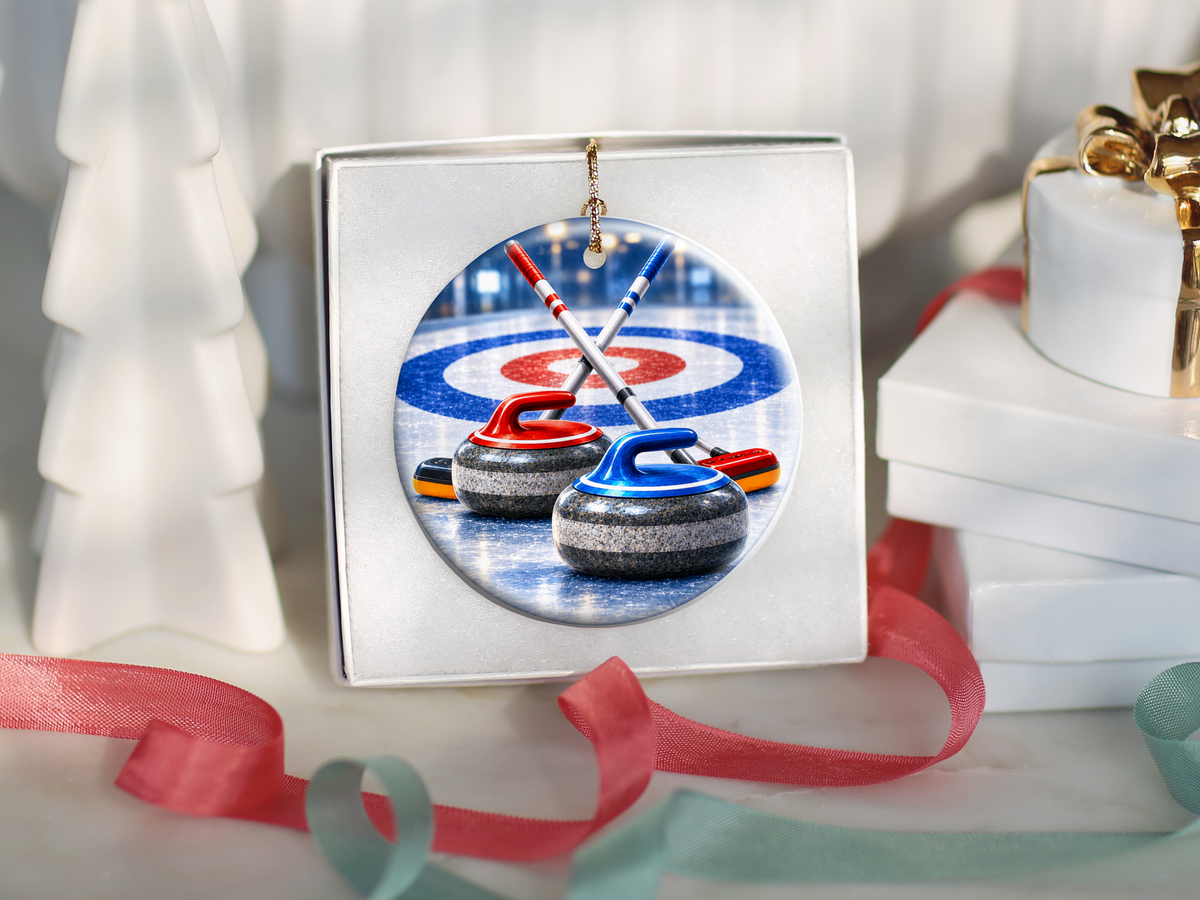 Curling Team Ornament, Curling Stone Christmas Decoration, Ceramic Sports Keepsake, Coach Gift Idea