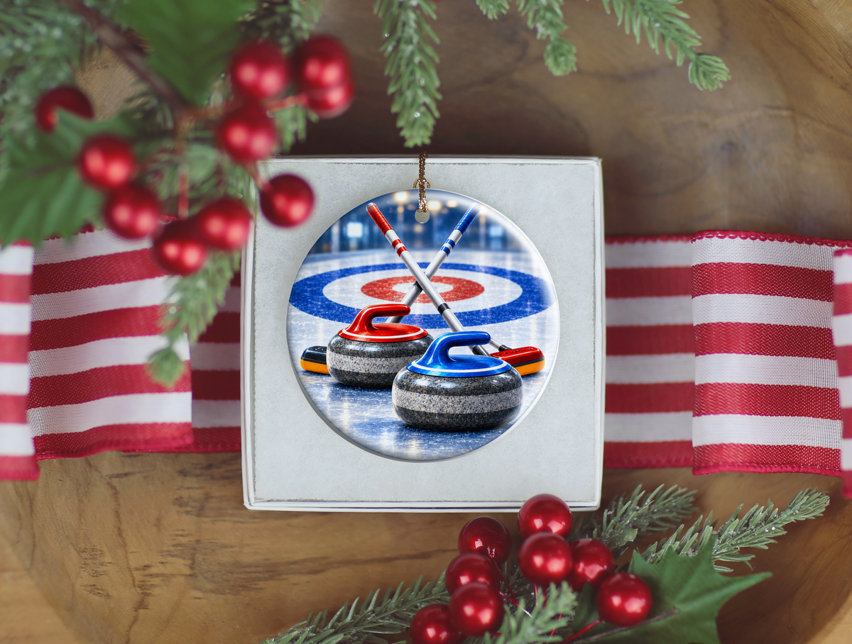 Curling Team Ornament, Curling Stone Christmas Decoration, Ceramic Sports Keepsake, Coach Gift Idea