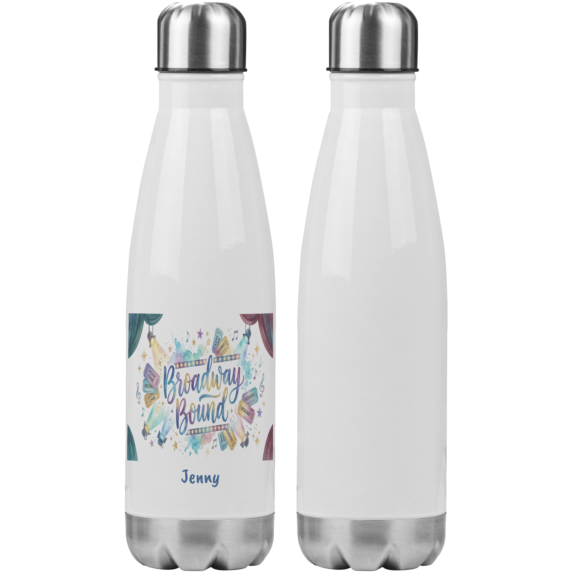 Broadway Bound Water Bottle, Musical Theatre Lover Gift,  20oz Insulated Bottle, Stainless Steel Tumbler, Personalized Gift,