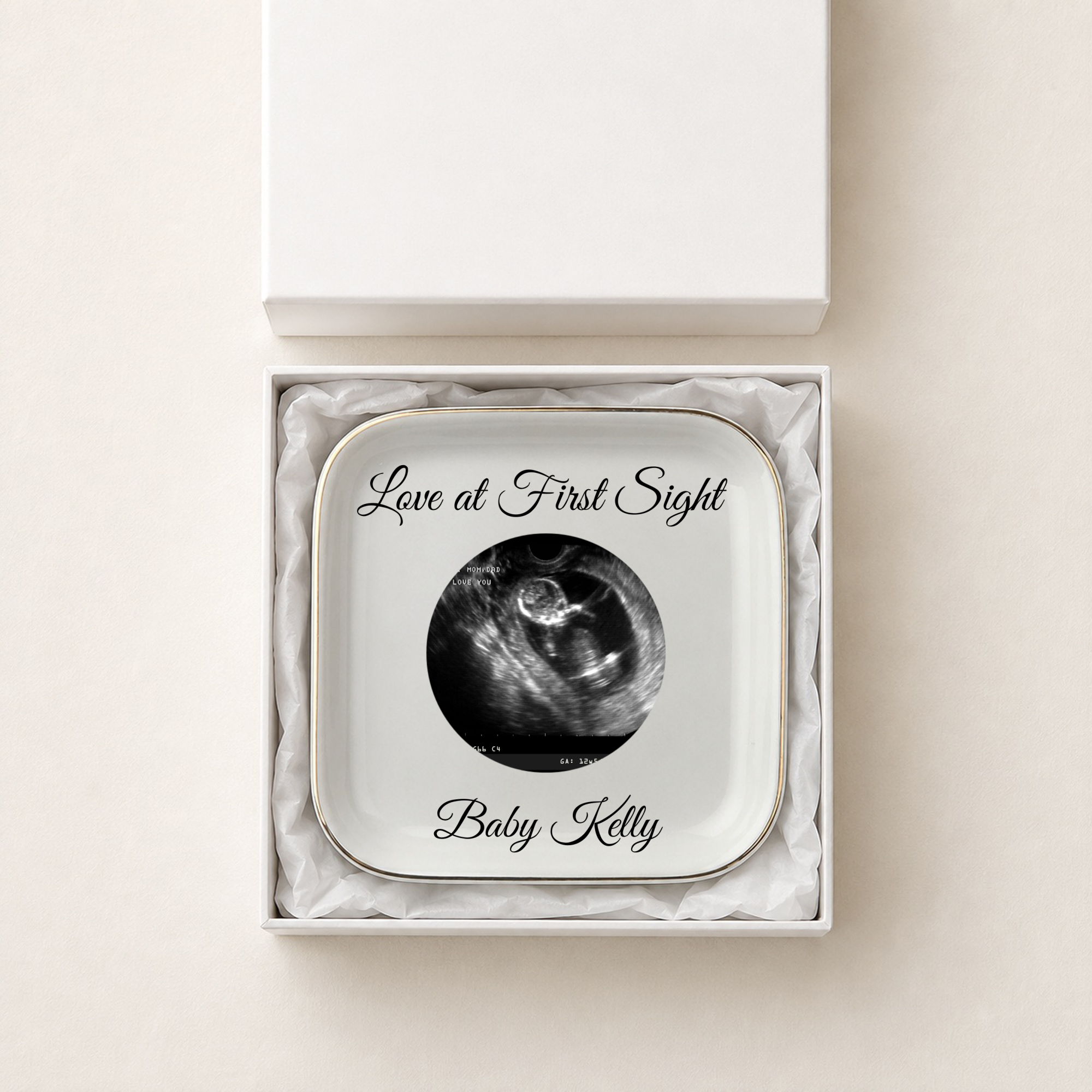 Personalized Ultrasound Jewelry Dish, Love at First Sight Baby Keepsake, Pregnancy Announcement Gift, New Baby Gift for Grandparents Giftboxed
