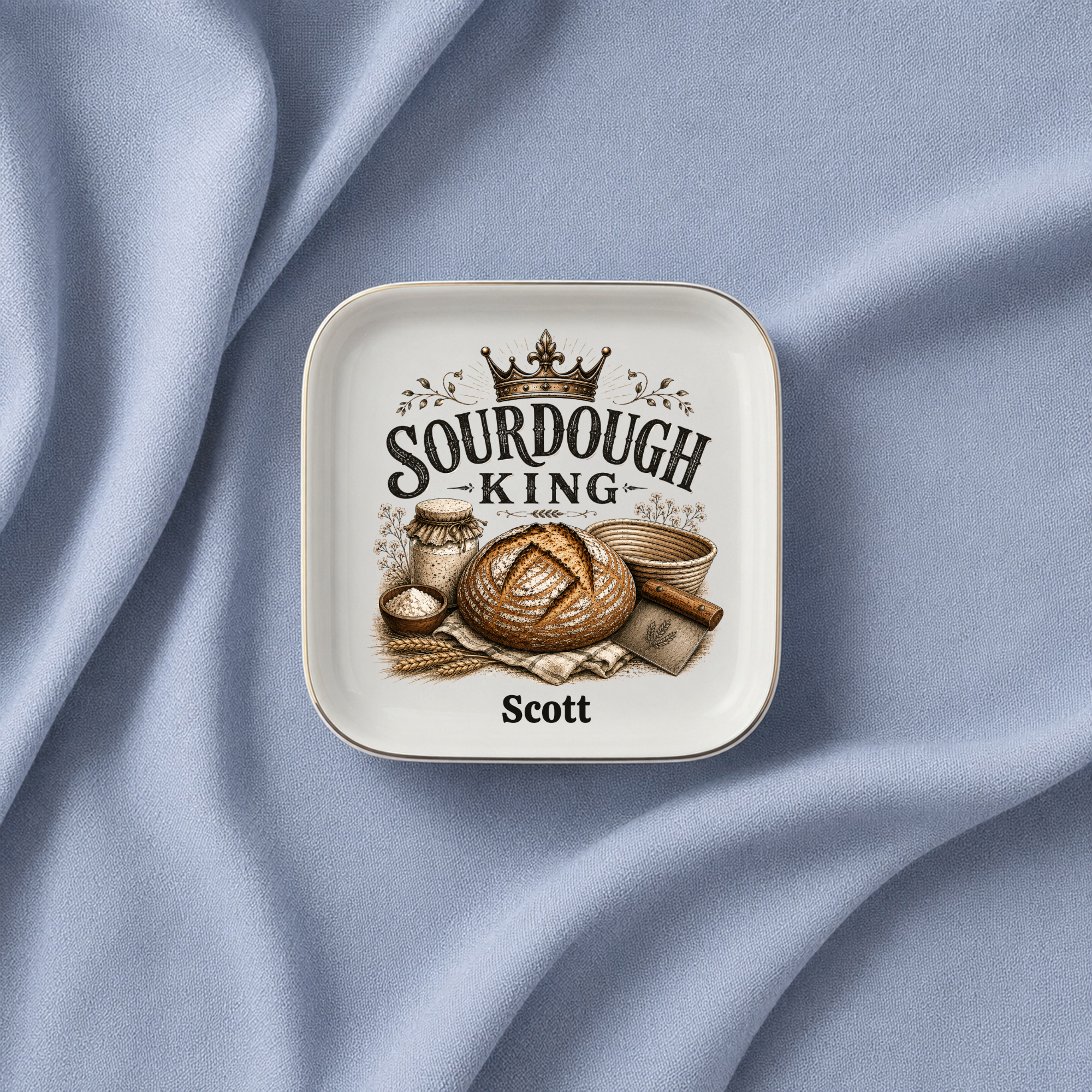 Personalized Sourdough King Jewelry Dish, Custom Baker Gift, Bread Lover Keepsake Ring Tray, Ceramic Trinket Dish for the Kitchen