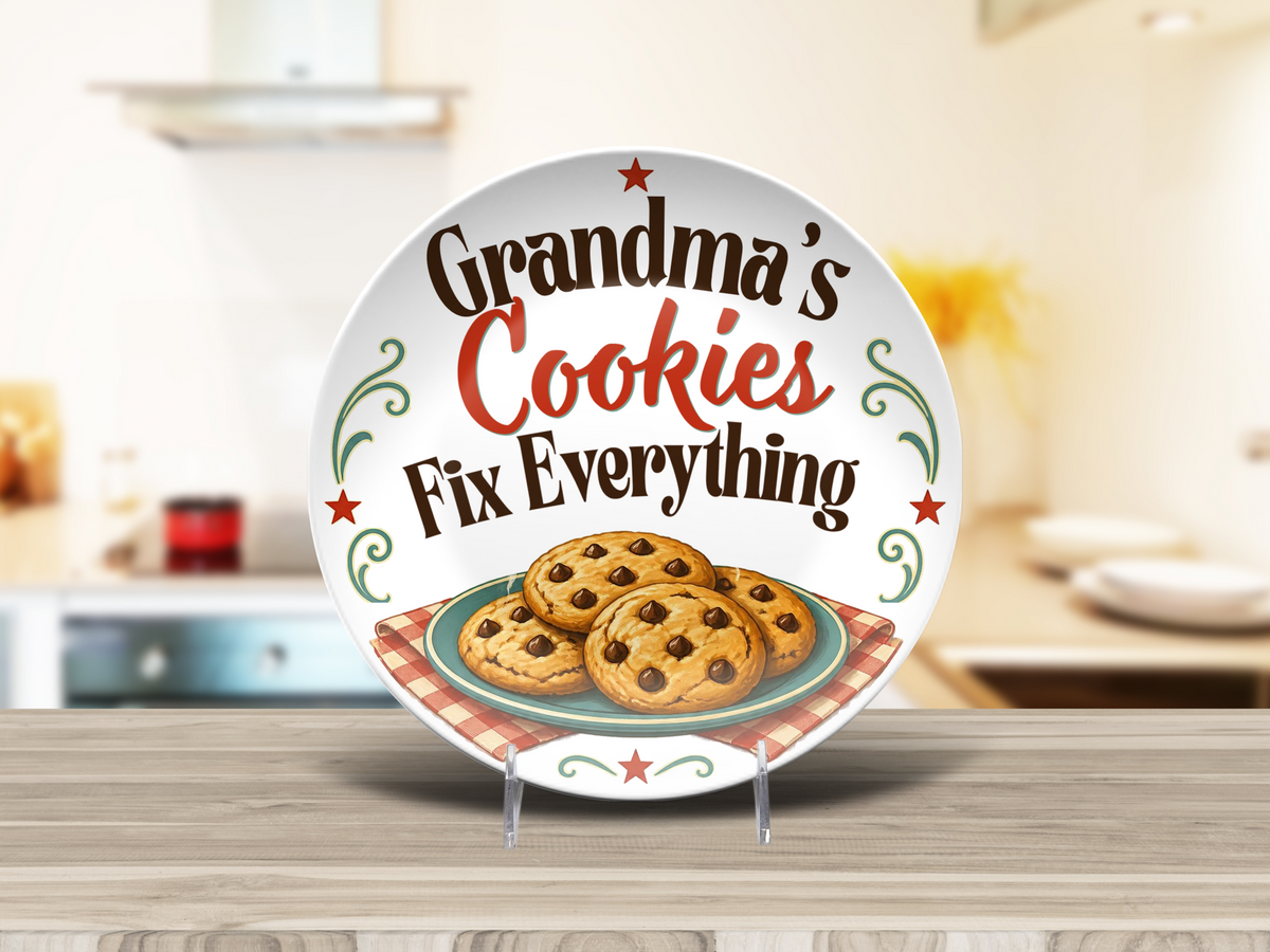 Grandma's Cookies Fix Everything Plate, Grandparent Gift With Stand Option, Unbreakable Not Ceramic