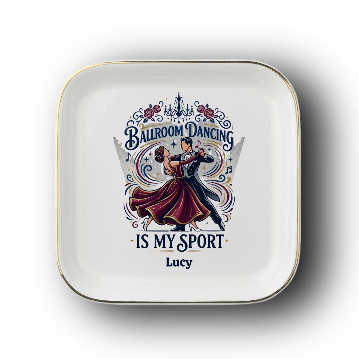 Personalized Ballroom Dancing Jewelry Dish, Dancer Gift, Dance Lover Tray, Ceramic Ring Holder, Ballroom Dance Decor, Gold Trim Keepsake Dish