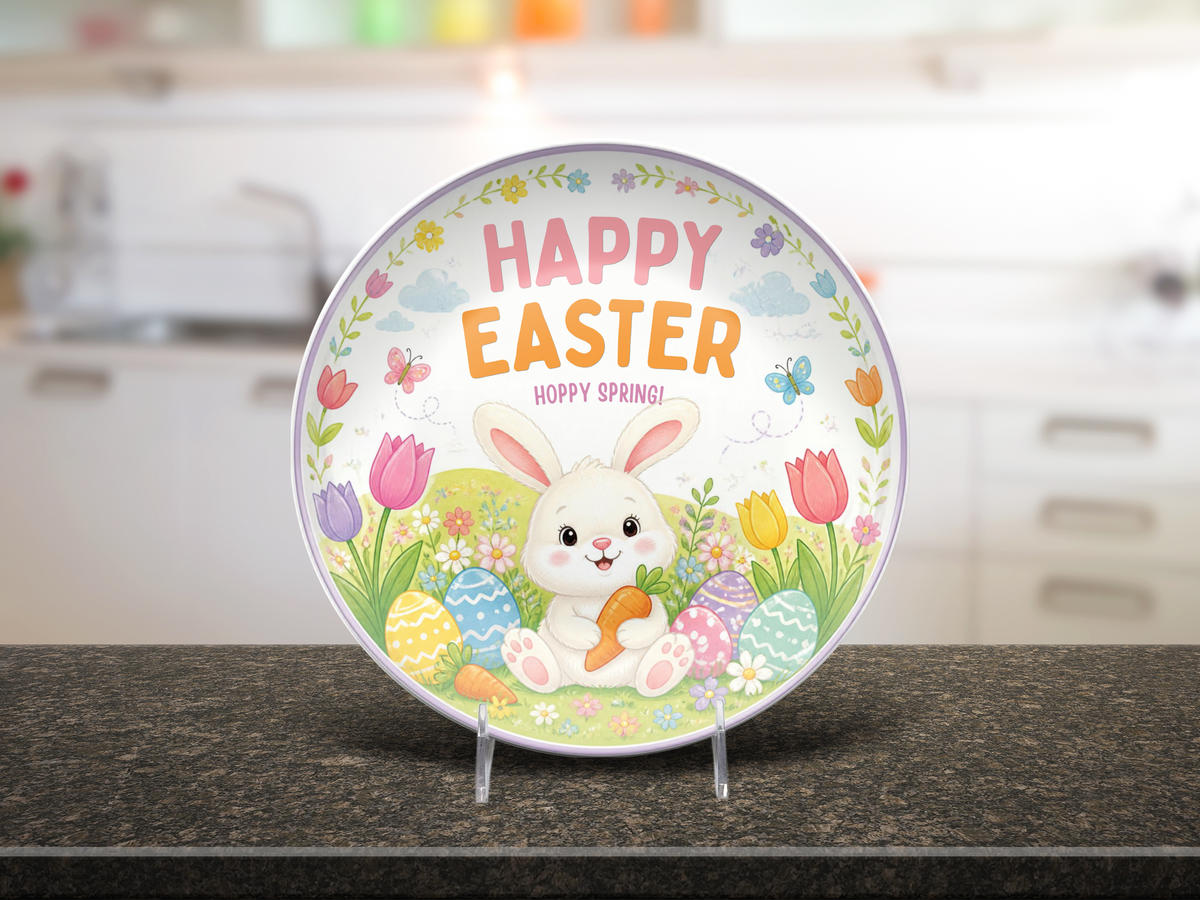 Happy Easter Bunny Plate, Unbreakable Kids Dinner Plate, Easter Egg Hunt Gift, Cute Spring Bunny Plate, Easter Basket Gift, Family Easter Tradition