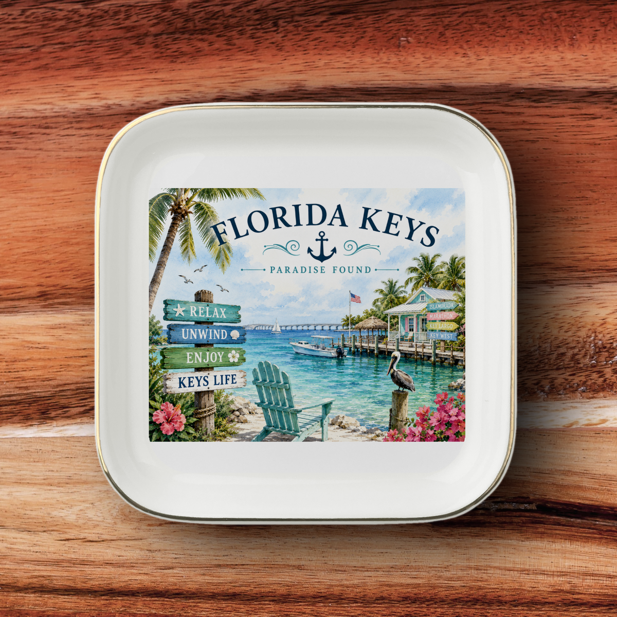 Florida Keys Jewelry Dish, Key West Trinket Tray, Coastal Island Decor, Tropical Beach Souvenir Gift, Gold-Trimmed Ceramic Dish 4.5"