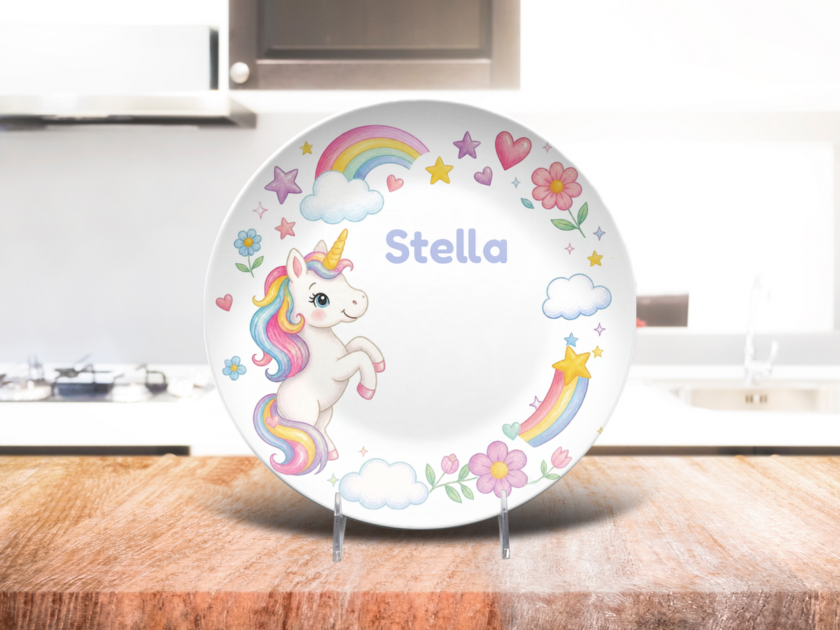 Unicorn Plate, Personalized Rainbow Unicorn Decor, Magical Name Plate, Durable Kids Room Gift, UNBREAKABLE – Not Ceramic