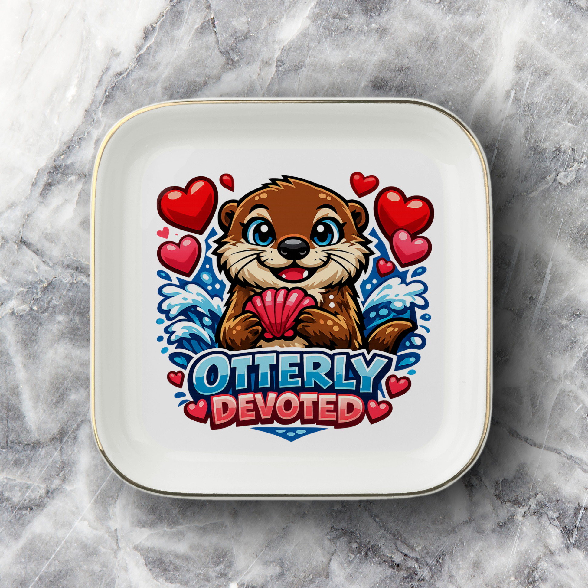 Otterly Devoted Jewelry Dish, Cute Otter Lover Gift, Romantic Heart Trinket Tray, Gold Trim Ceramic Keepsake Dish, Animal Lover Decor