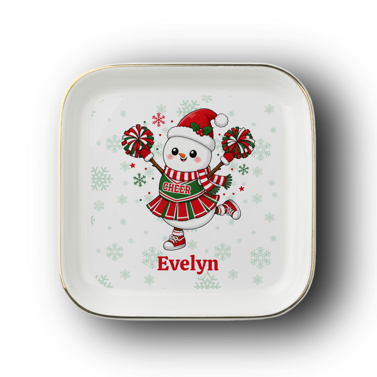 Personalized Cheerleader Snowman Trinket Tray, Christmas Jewelry Dish, Cheer Team Gift for Her, Ceramic Ring Holder