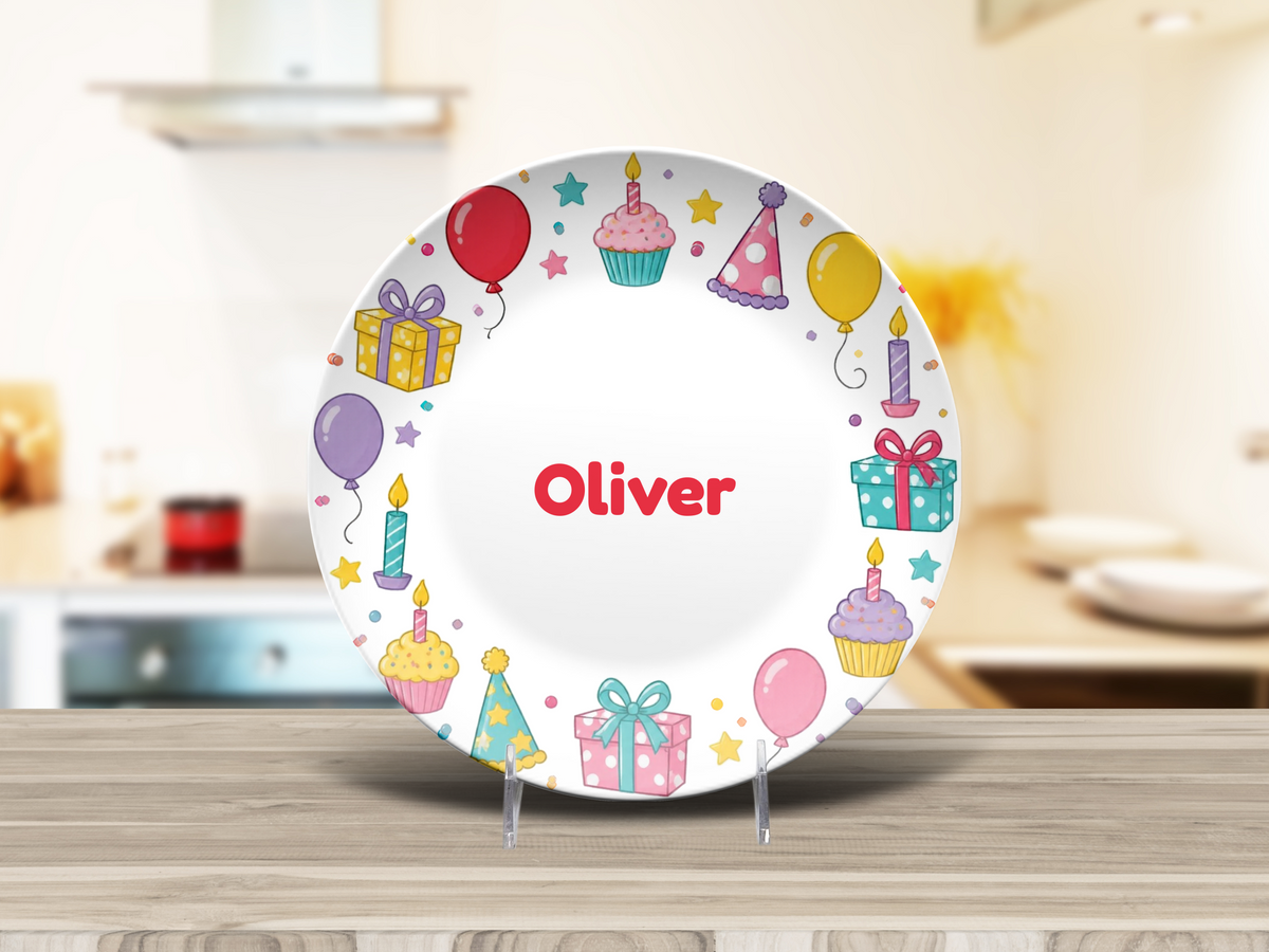 Kids Birthday Party Plate, Colorful Balloon and Gift Design, Unbreakable Personalized Kids Plate, Dishwasher Safe Party Tableware Gift