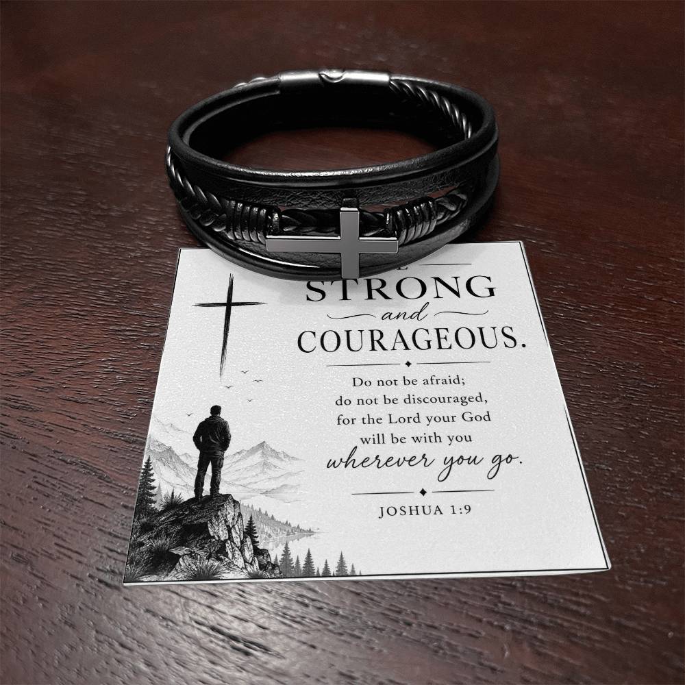 Men's Cross Leather Bracelet, Christian Gift for Him, Joshua 1:9 Courage Bracelet, Faith Gift for Husband, Boyfriend, Dad or Friend