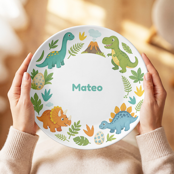 Dinosaur Plate, Personalized Kids Birthday Gift, Prehistoric Dino Nursery Decor, Plate With Stand Option, UNBREAKABLE – Not Ceramic