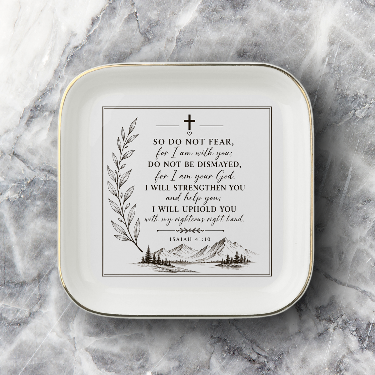 Isaiah 41:10 Jewelry Dish, Christian Scripture Gift, Faith Decor, Gold Trim Ceramic Ring Tray, Encouragement Gift for Her or Friend