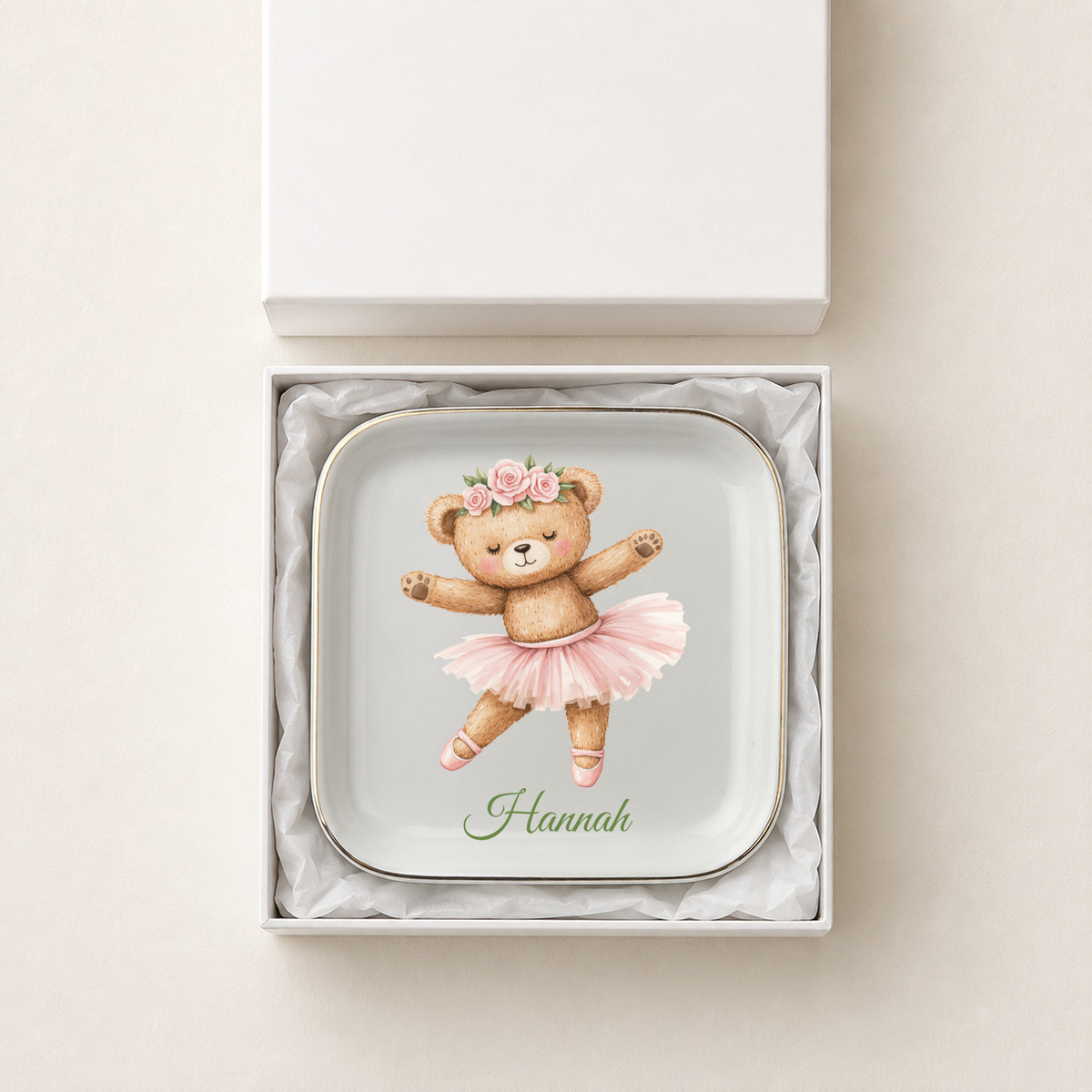 Personalized Ballerina Bear Jewelry Dish, Floral Teddy Bear Trinket Tray, Custom Name Keepsake Gift for Girl, Nursery Decor Accessory