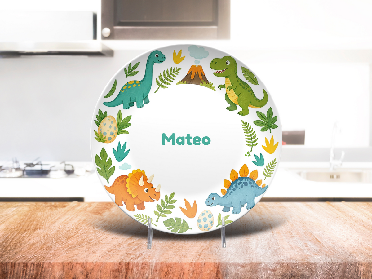 Dinosaur Plate, Personalized Kids Birthday Gift, Prehistoric Dino Nursery Decor, Plate With Stand Option, UNBREAKABLE – Not Ceramic