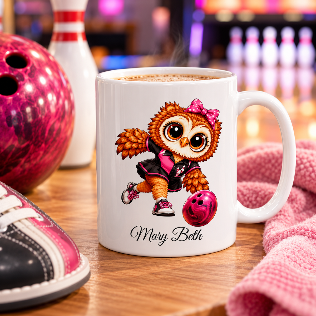 Female Bowler Gift, Personalized Girl Bowling Owl Coffee Mug, Bowling Mug, Cute Owl Lover Gift  11 oz and 15 oz