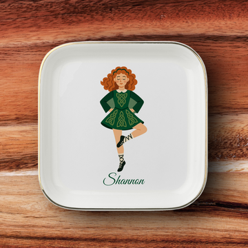 Personalized Celtic Dancer Jewelry Dish, Irish Dance Trinket Tray, Redhead Ballerina Ring Holder, Dance Recital Gift, Ceramic Dish