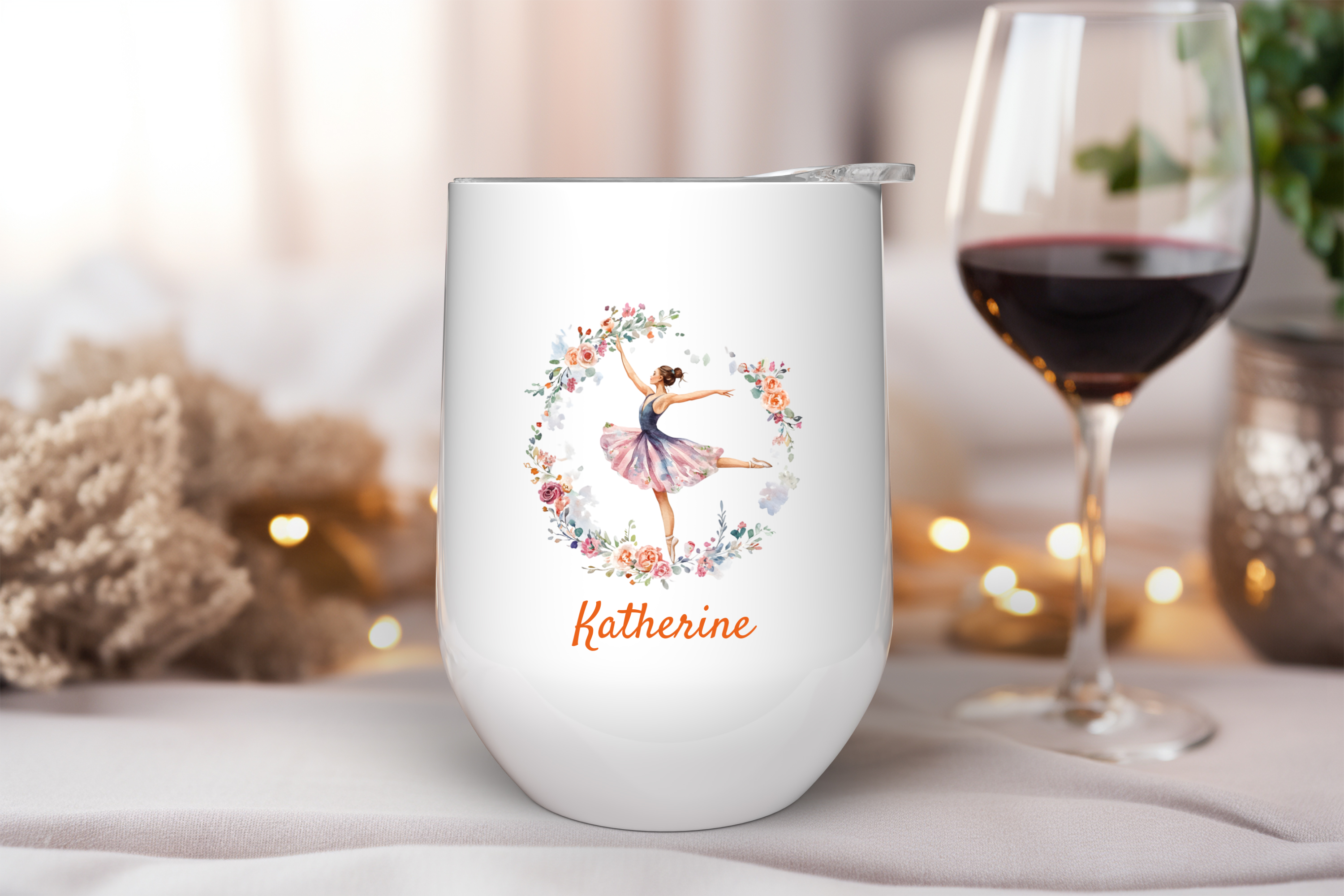 Personalized Ballet Dancer Wine Tumbler – Custom 12oz Stainless Steel Drinkware with Flowers, Insulated Gift for Dancers & Teachers