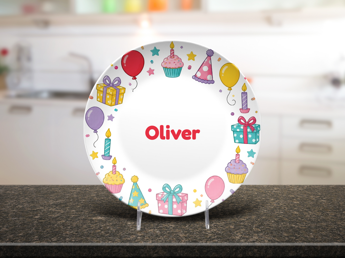 Kids Birthday Party Plate, Colorful Balloon and Gift Design, Unbreakable Personalized Kids Plate, Dishwasher Safe Party Tableware Gift