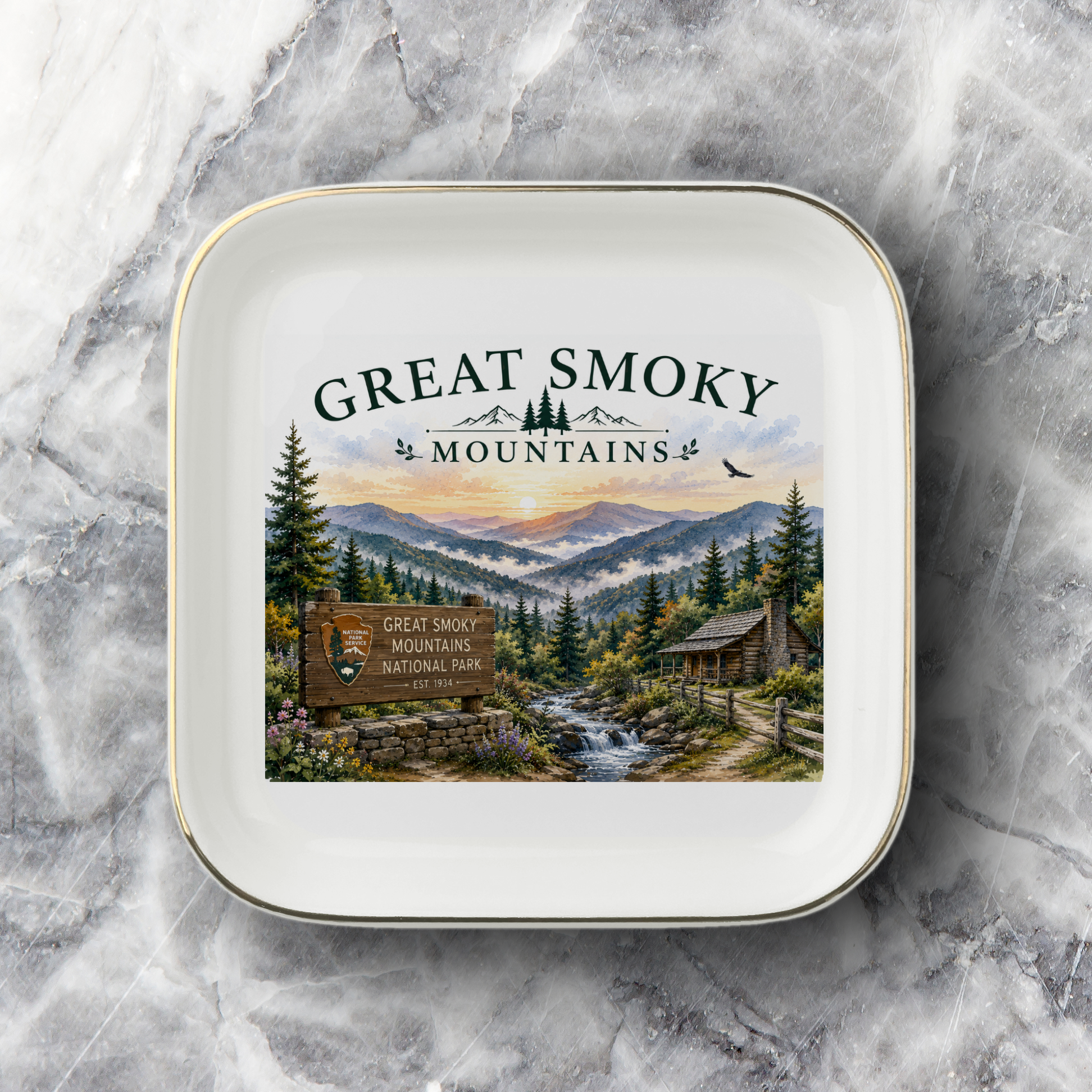 Great Smoky Mountains Jewelry Dish, National Park Souvenir, Mountain Cabin Ring Dish, Nature Lover Gift, Travel Keepsake Decor Piece