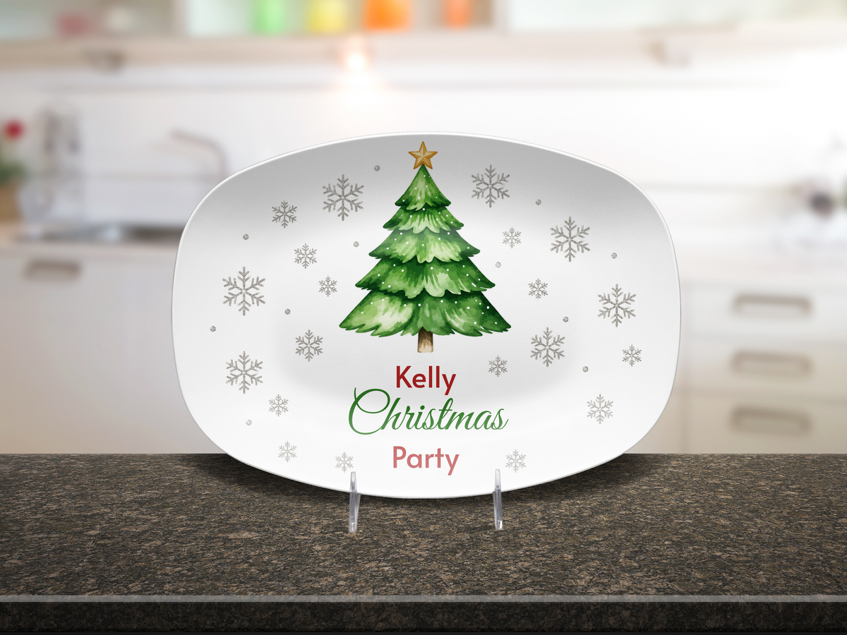 Personalized Christmas Party Platter, Custom Holiday Serving Tray with Christmas Tree and Snowflakes, Festive Hostess Gift Decor