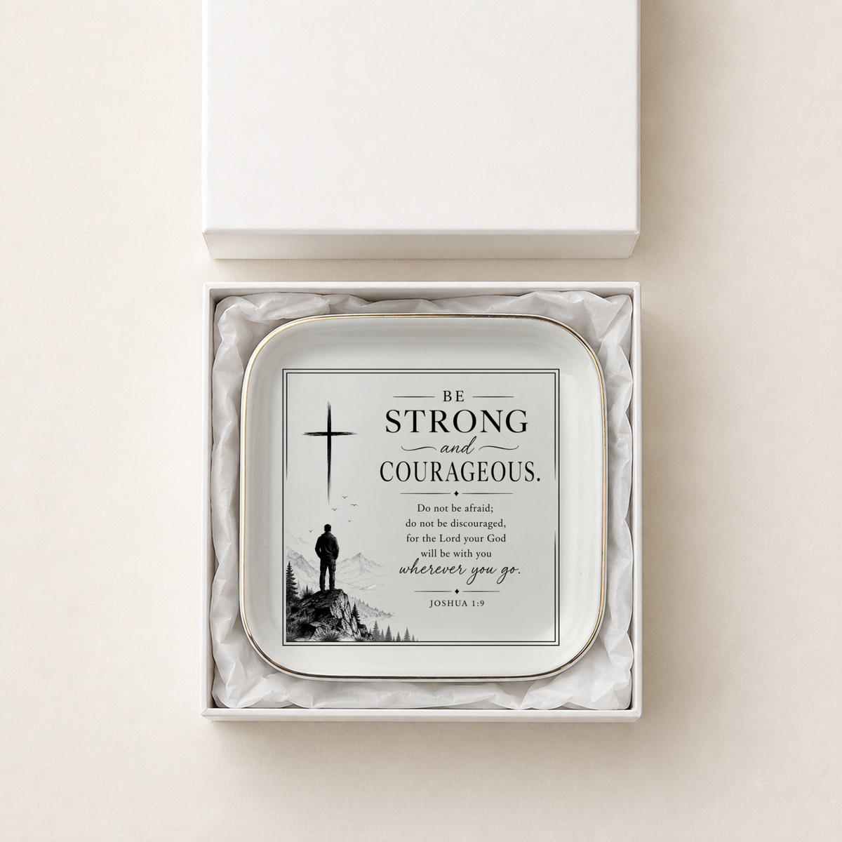 Joshua 1:9 Jewelry Dish, Be Strong and Courageous Christian Gift, Bible Verse Ring Dish, Faith Encouragement Decor, Gold Trim Tray