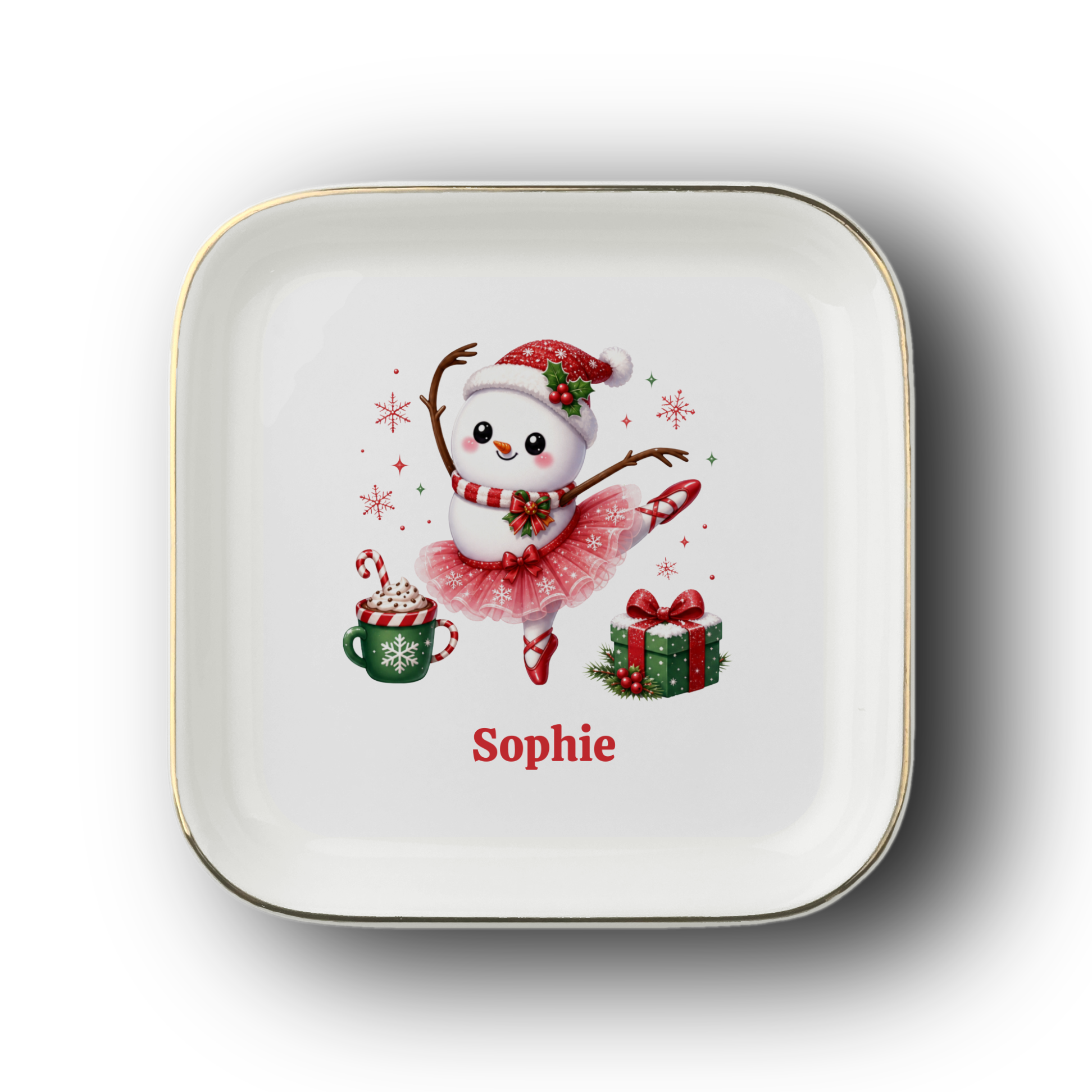 Snowman Ballerina Trinket Tray, Personalized Ballerina Christmas Jewelry Dish, Ballet Student Recital Present, Dance Teacher Gift
