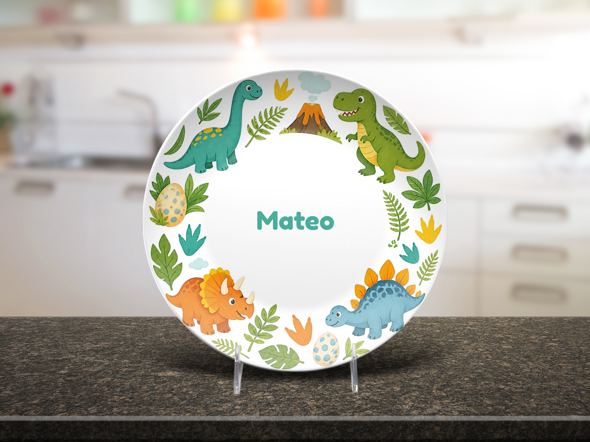 Dinosaur Plate, Personalized Kids Birthday Gift, Prehistoric Dino Nursery Decor, Plate With Stand Option, UNBREAKABLE – Not Ceramic