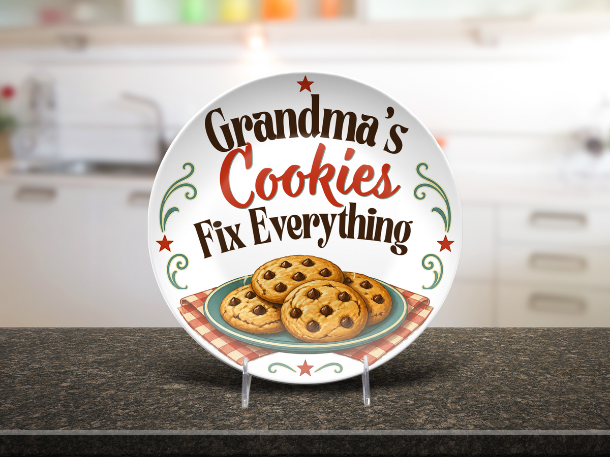 Grandma's Cookies Fix Everything Plate, Grandparent Gift With Stand Option, Unbreakable Not Ceramic