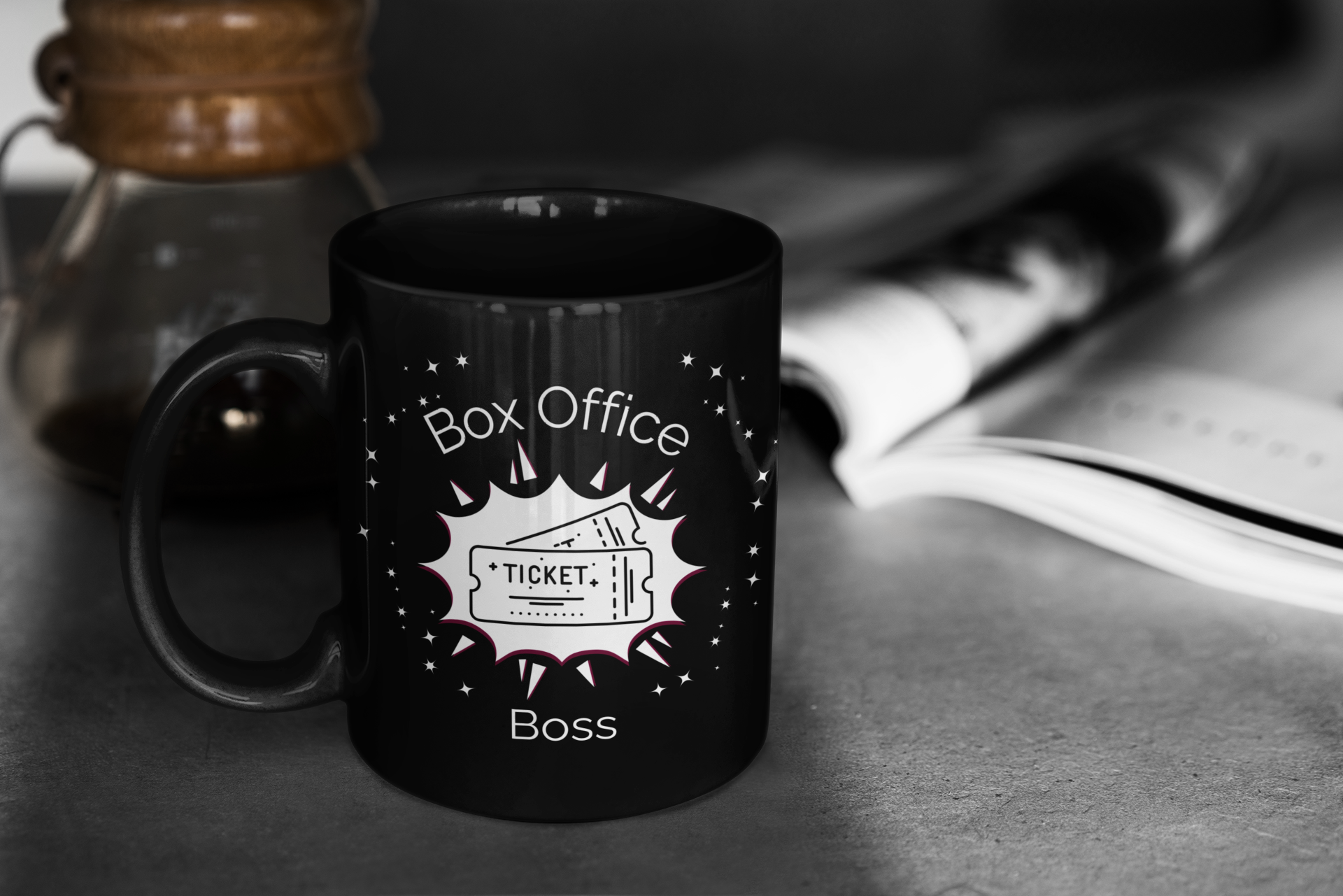 Personalized Box Office Boss Black Coffee Mug– Custom Theater Gift for Drama Teachers, Stage Crew & Box Office Stars