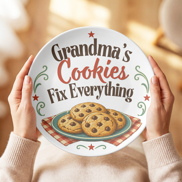Grandma's Cookies Fix Everything Plate, Grandparent Gift With Stand Option, Unbreakable Not Ceramic