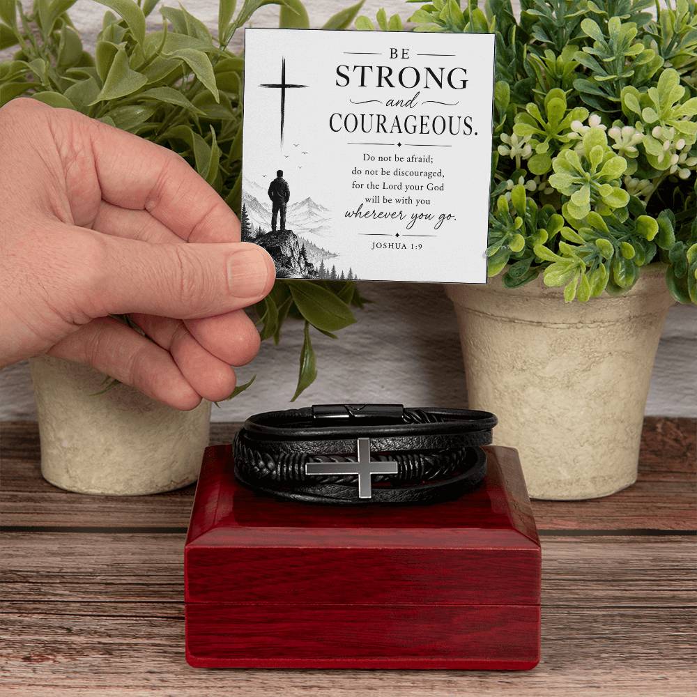Men's Cross Leather Bracelet, Christian Gift for Him, Joshua 1:9 Courage Bracelet, Faith Gift for Husband, Boyfriend, Dad or Friend